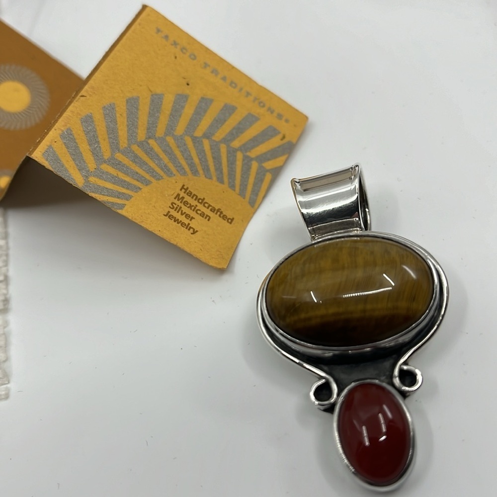 Vintage CII Mexico 925 Sterling Tiger's Eye & Carnelian Pendant Heavy 18.4g - Picture 2 of 16